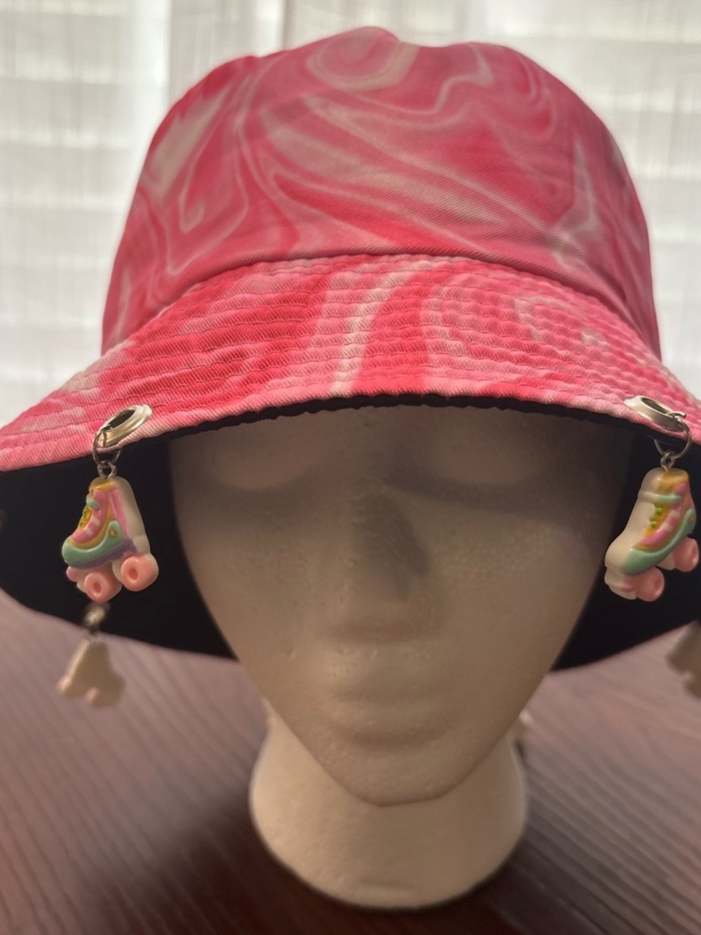 Pink Swirl Bucket Hat with Roller Skate Charms